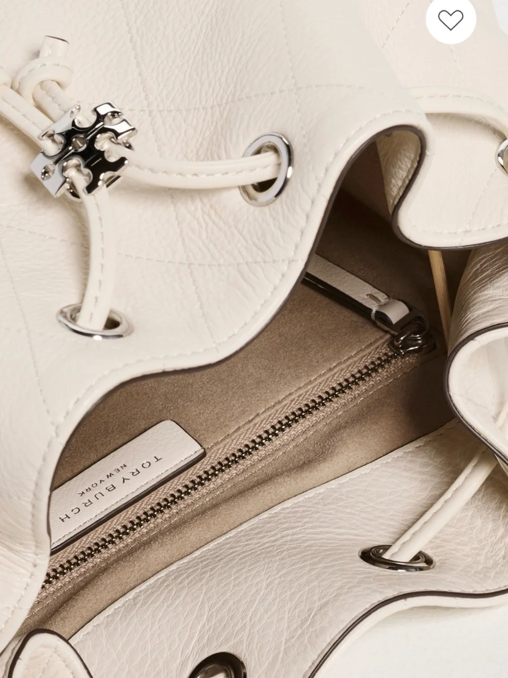 Tory Burch Ivory Quilted Leather Drawstring Satchel with Chain Strap
